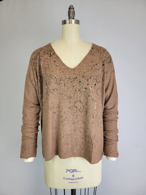 Sweater-like V Neck Foil Screen Top - Chocolate (D1993FS)