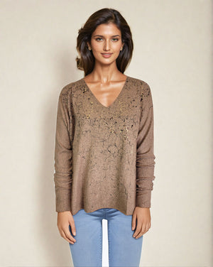Sweater-like V Neck Foil Screen Top - Chocolate (D1993FS)
