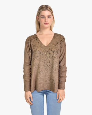 Sweater-like V Neck Foil Screen Top - Chocolate (D1993FS)