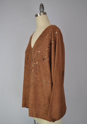 Sweater-like V Neck Foil Screen Top - Chocolate (D1993FS)