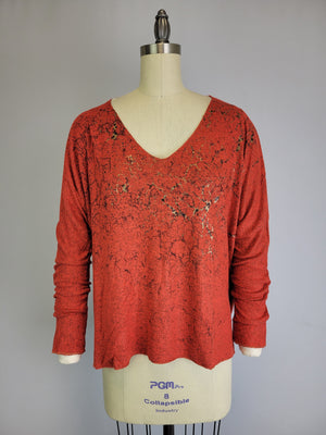 Sweater-like V Neck Foil Screen Top - Red (D1993FS)
