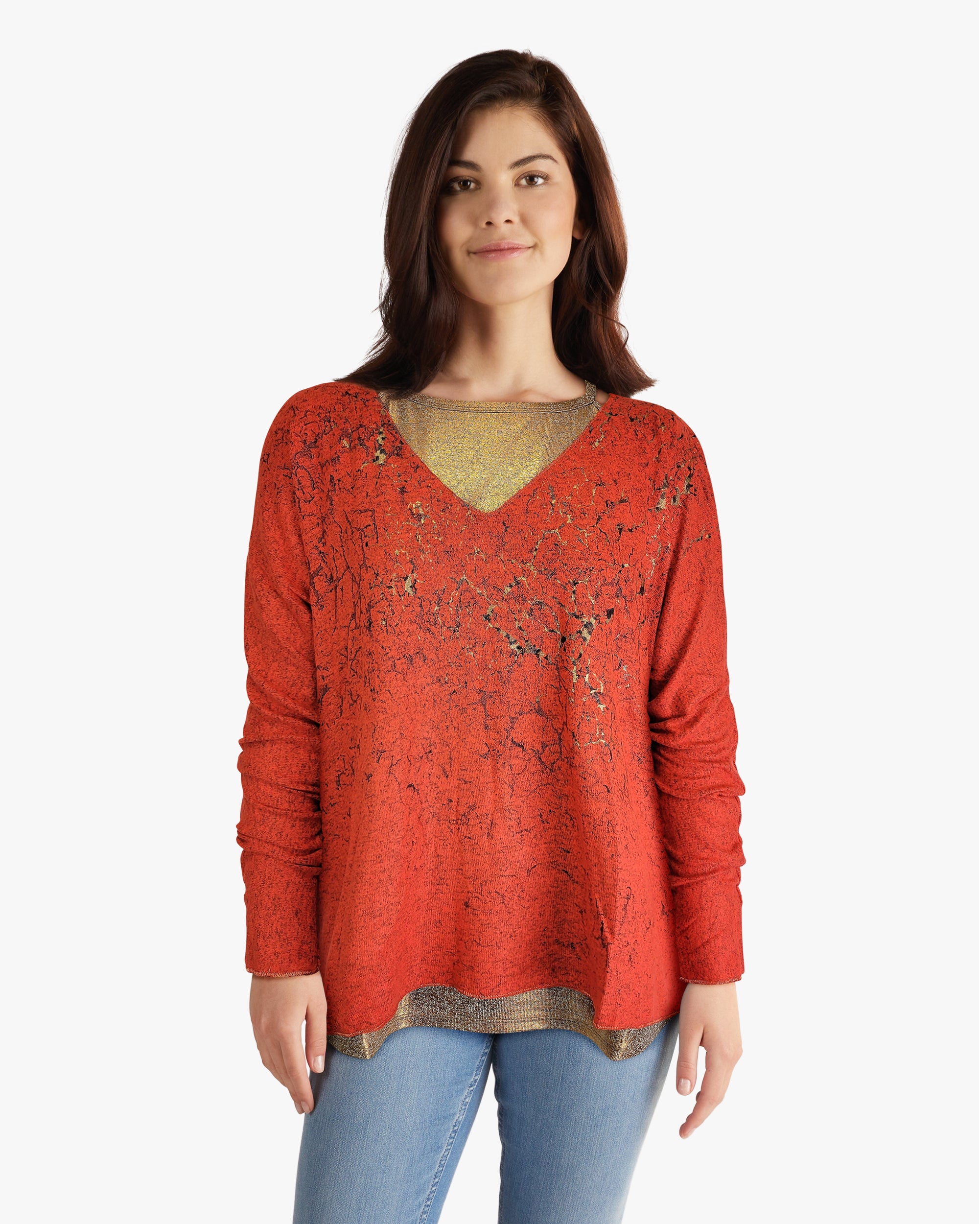 Sweater-like V Neck Foil Screen Top - Red (D1993FS)