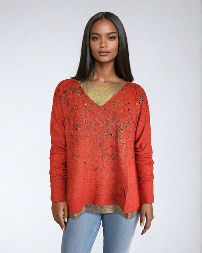 Sweater-like V Neck Foil Screen Top - Red (D1993FS)