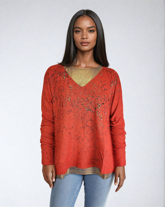 Sweater-like V Neck Foil Screen Top - Red (D1993FS)