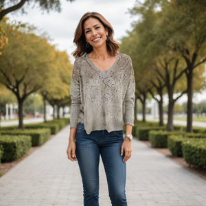 Sweater-like V Neck Foil Screen Top - Sand (D1993FS)