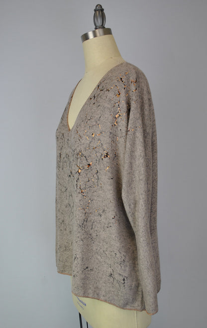 Sweater-like V Neck Foil Screen Top - Sand (D1993FS)