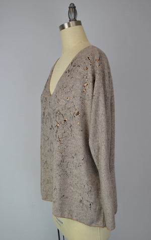 Sweater-like V Neck Foil Screen Top - Sand (D1993FS)