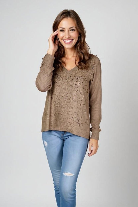 Sweater-like V Neck Foil Screen Top - Chocolate (D1993FS)
