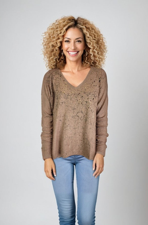 Sweater-like V Neck Foil Screen Top - Chocolate (D1993FS)