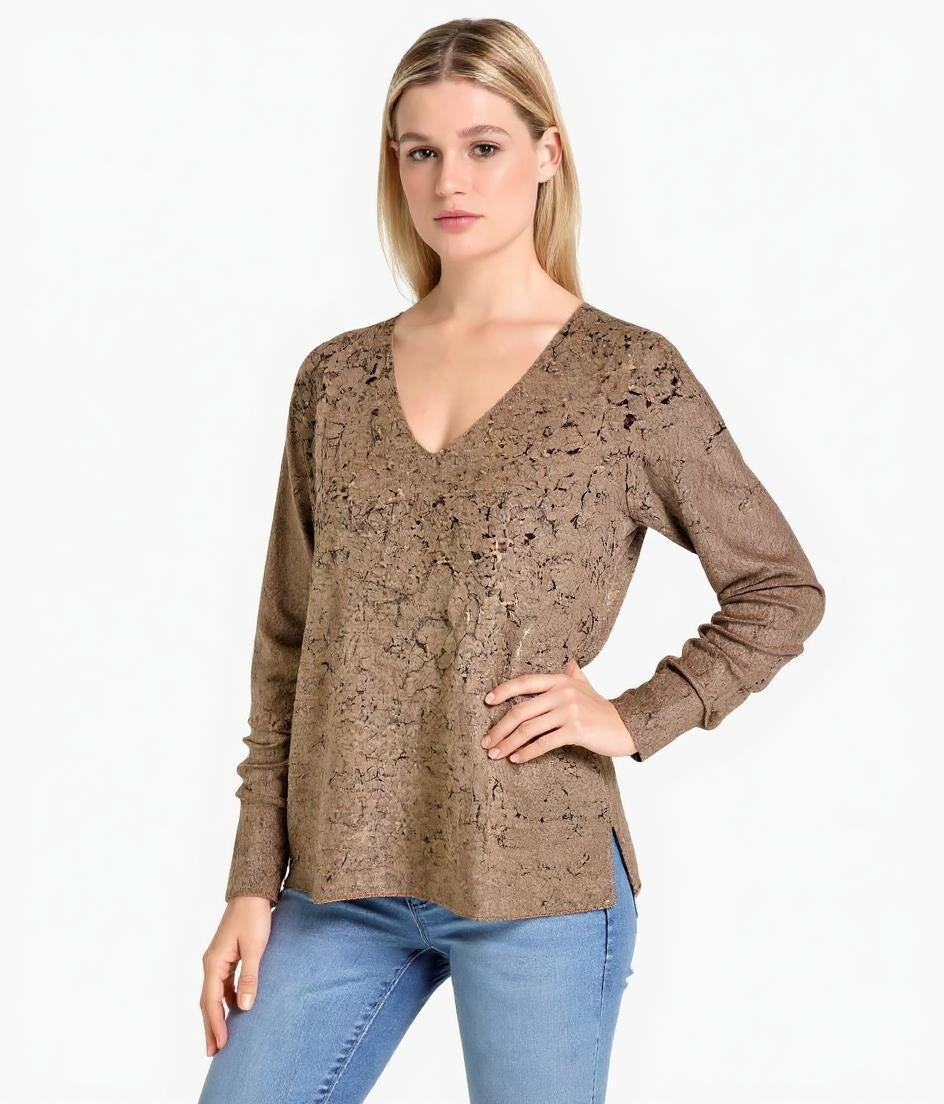 Sweater-like V Neck Foil Screen Top - Chocolate (D1993FS)
