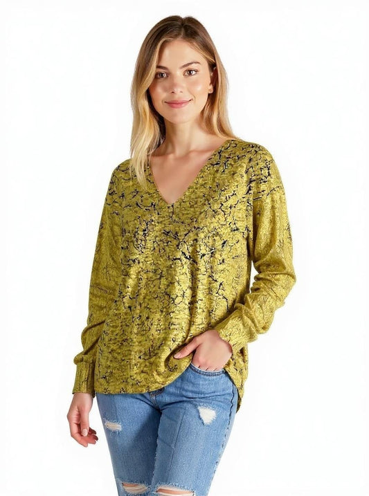 Sweater-like V Neck Foil Screen Top - Messing (D1993FS)