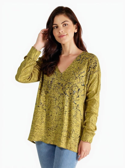 Sweater-like V Neck Foil Screen Top - Messing (D1993FS)