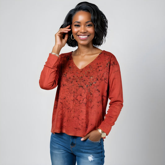 Sweater-like V Neck Foil Screen Top - Red (D1993FS)