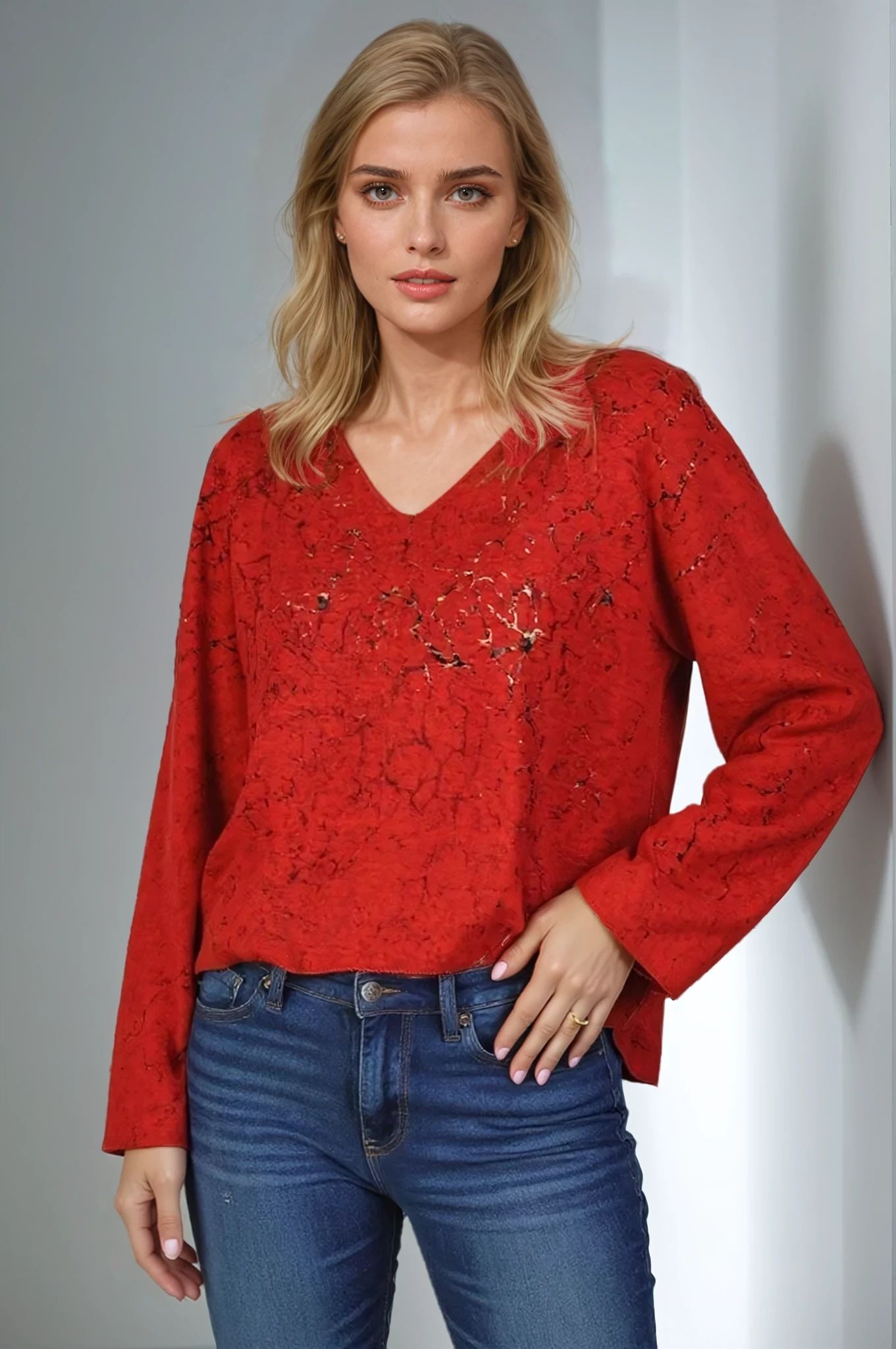 Sweater-like V Neck Foil Screen Top - Red (D1993FS)