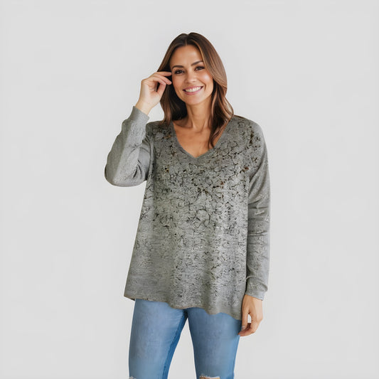 Sweater-like V Neck Foil Screen Top - Sand (D1993FS)