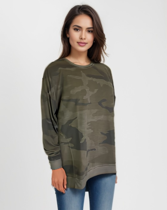 Camo Print Oil Dye Side Vent Pullover Top