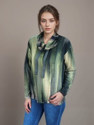 Cowl Neck Drawstring Sweater-like Top - Vertical Stripe (D24445)