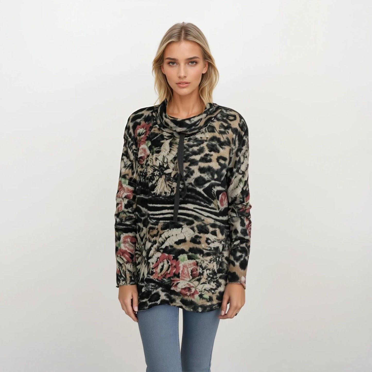 Cowl Neck Drawstring Sweater-like Top - Grey Floral (D24445)