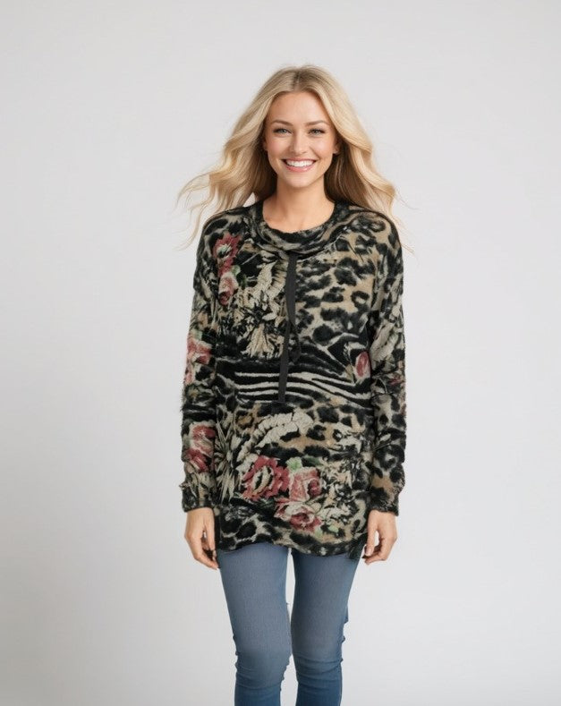 Cowl Neck Drawstring Sweater-like Top - Grey Floral (D24445)