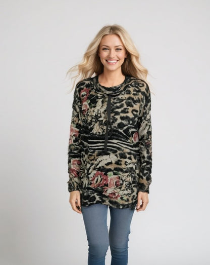 Cowl Neck Drawstring Sweater-like Top - Grey Floral (D24445)