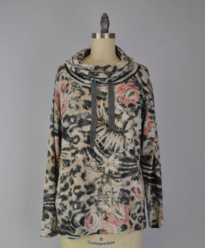 Cowl Neck Drawstring Sweater-like Top - Grey Floral (D24445)
