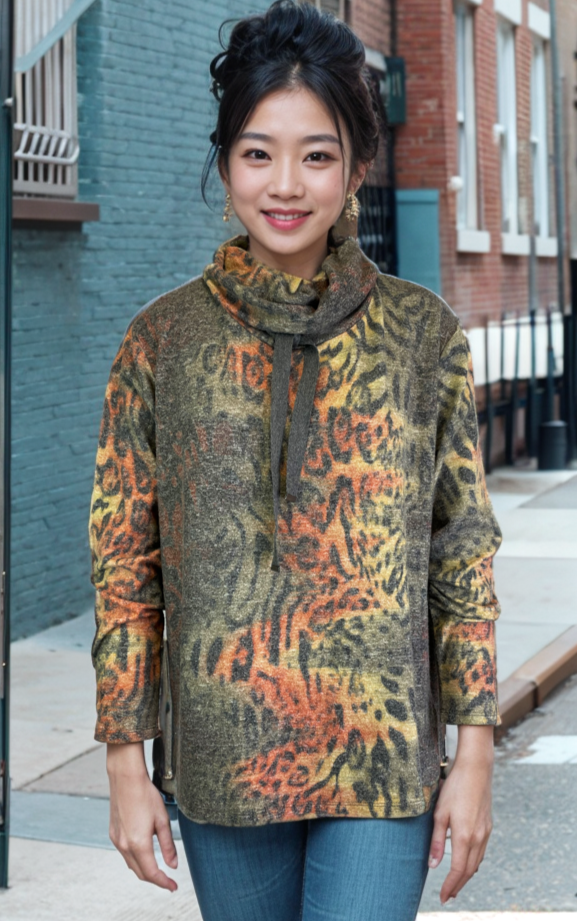Cowl Neck Drawstring Sweater-like Top - Orange Animal (D24445)