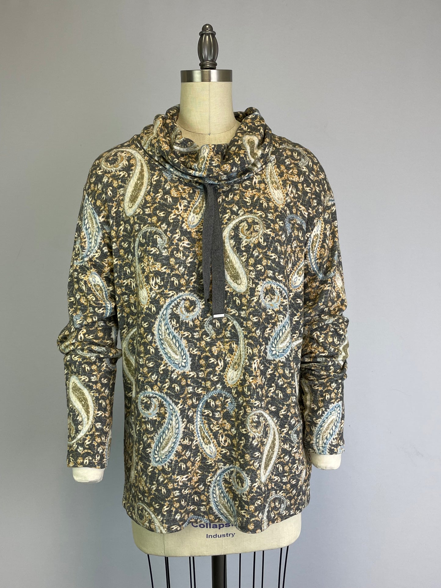 Cowl Neck Drawstring Sweater-like Top - Paisley Print (D24445)