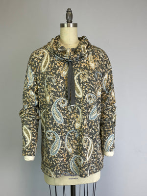 Cowl Neck Drawstring Sweater-like Top - Paisley Print (D24445)