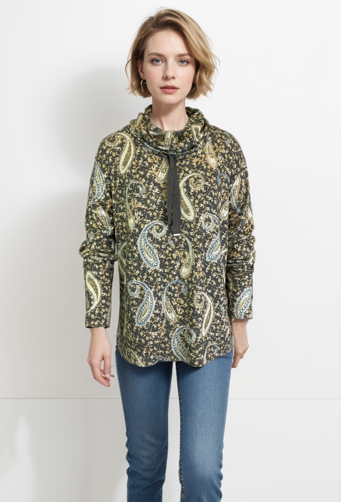Cowl Neck Drawstring Sweater-like Top - Paisley Print (D24445)