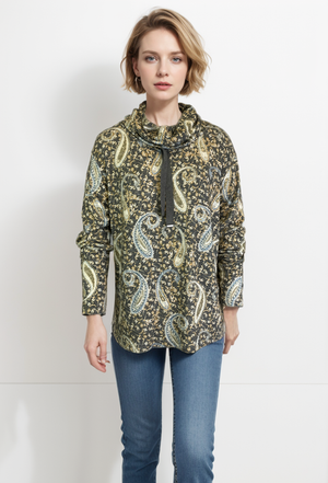 Cowl Neck Drawstring Sweater-like Top - Paisley Print (D24445)