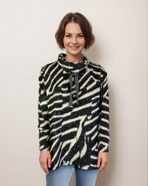 Cowl Neck Drawstring Sweater-like Yummy Top - Black & Sand (D24445)