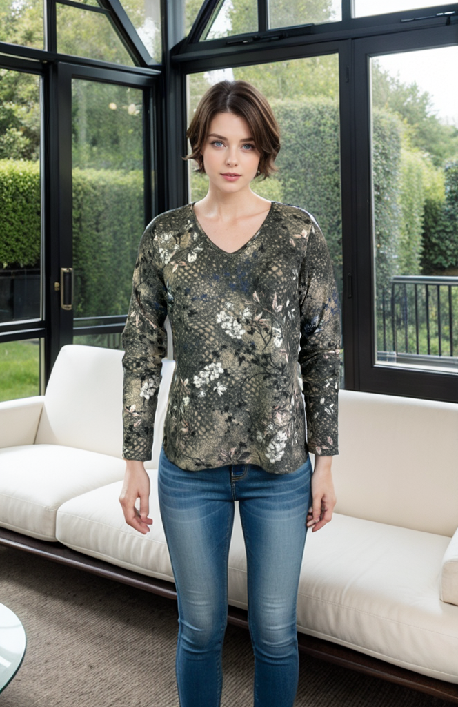 Sweater-like V Neck Print Top - Flower (D24556Y)