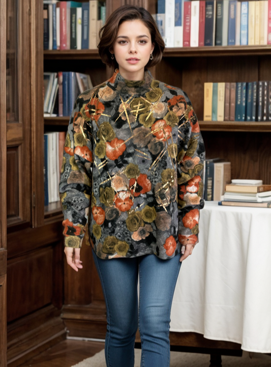 Mock Neck Sweater-like Top - Orange Rose Floral D24671