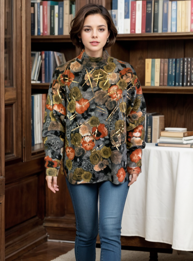 Mock Neck Sweater-like Top - Orange Rose Floral D24671
