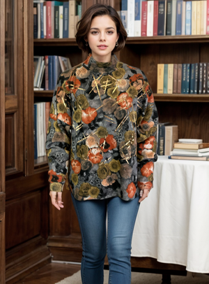 Mock Neck Sweater-like Top - Orange Rose Floral D24671