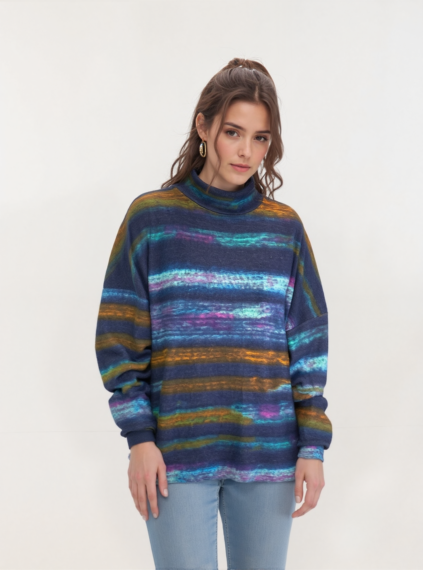 Mock Neck Sweater-like Top - Blue Pink Stripe D24671