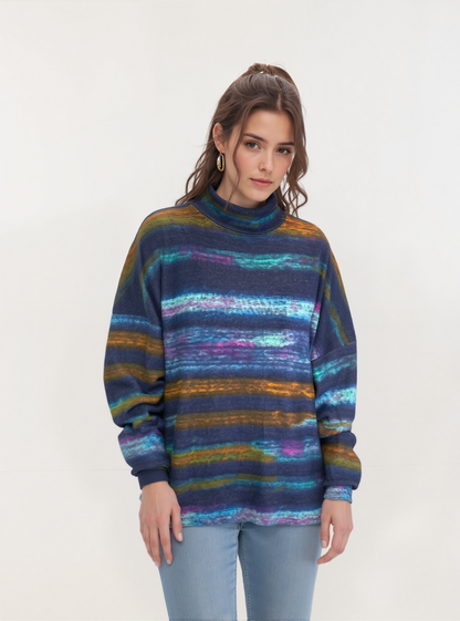 Mock Neck Sweater-like Top - Blue Pink Stripe D24671