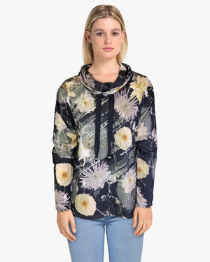 Sweater-like Cowl Neck Mock Tie- Black Grey Flower (D25713A)