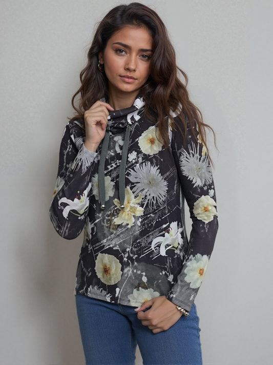 Sweater-like Cowl Neck Mock Tie- Black Grey Flower (D25713A)