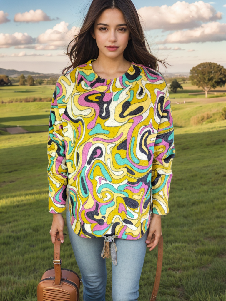 Raglan Sleeve Sweater-like Top - Multi Print (D25888)