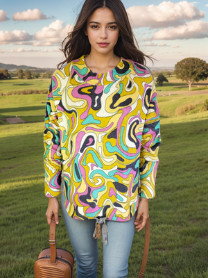Raglan Sleeve Sweater-like Top - Multi Print (D25888)
