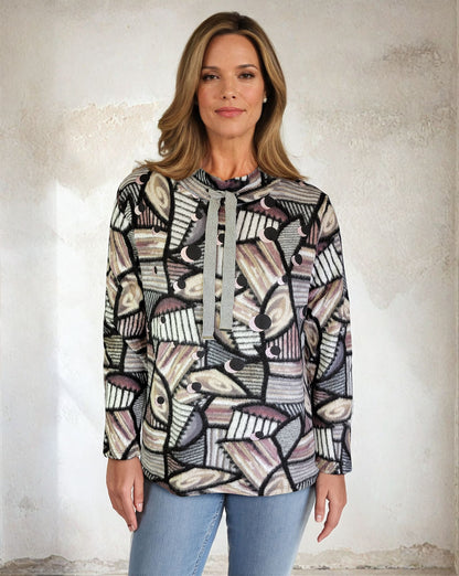 Mock Neck Sweater-like Yummy Top - Pink and Grey Circle (D26028)