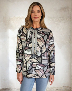 Mock Neck Sweater-like Yummy Top - Pink and Grey Circle (D26028)