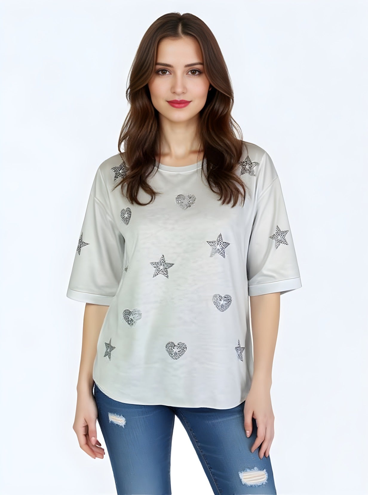 3/4 Sleeve Studded Hearts and Stars Top