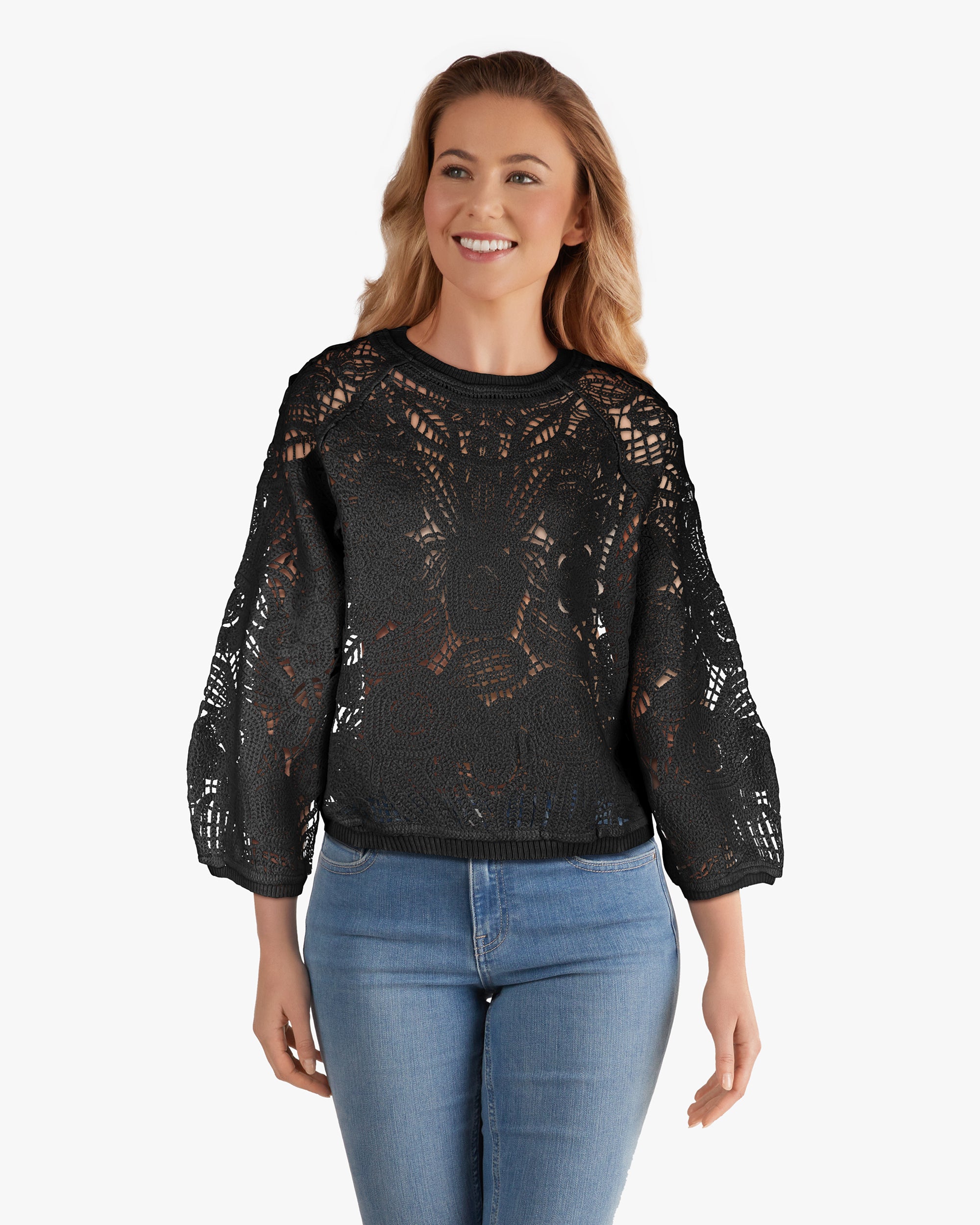 Oversized Crochet sweater-like Top -- Black (D26852)