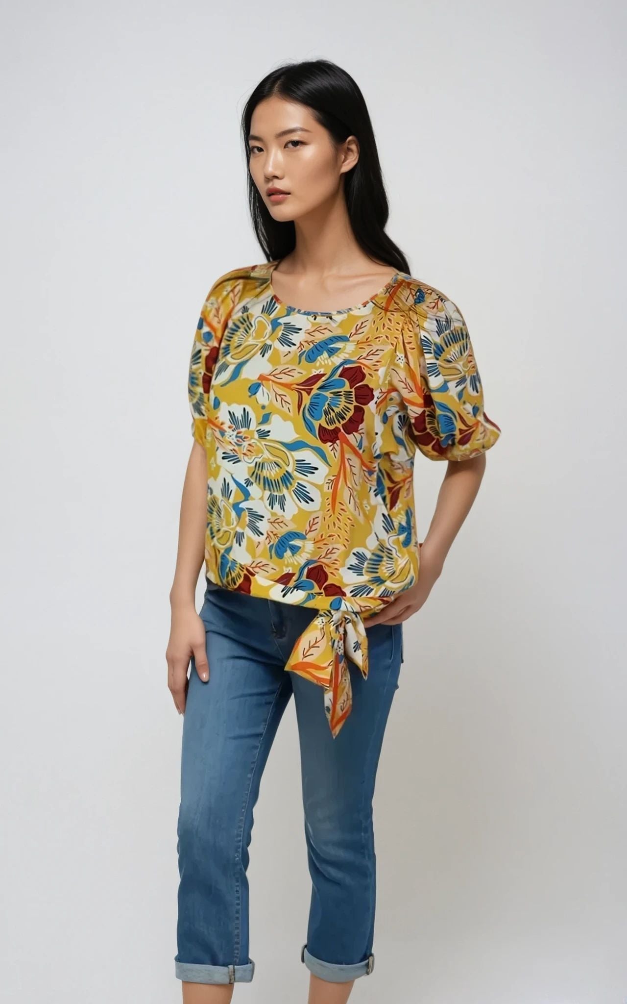 Puff Sleeve Blouse w Banded Bottom -- Flower Print (D26872R)