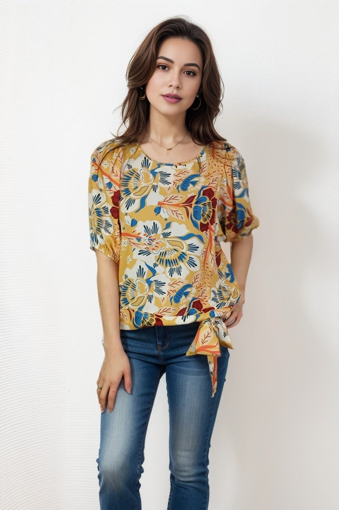 Puff Sleeve Blouse w Banded Bottom -- Flower Print (D26872R)