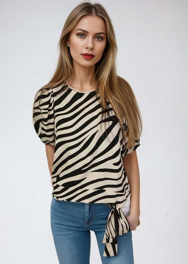 Puff Sleeve Blouse w Banded Bottom -- Zebra Print (D26872R)