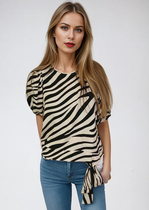 Puff Sleeve Blouse w Banded Bottom -- Zebra Print (D26872R)
