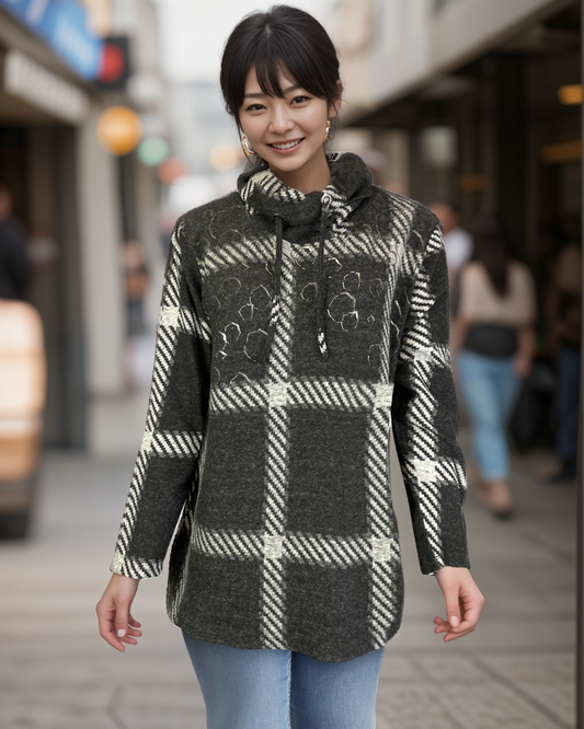 Cowl Neck Drawstring Sweater-like Top -- Tetro (D26890)